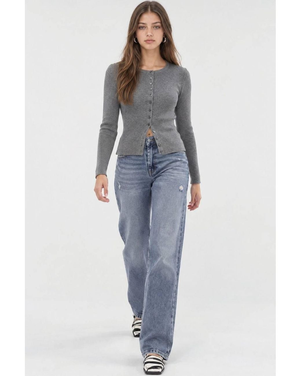 MixRay Gray Buttoned Slim Fit Ribbed Knit Cardigan