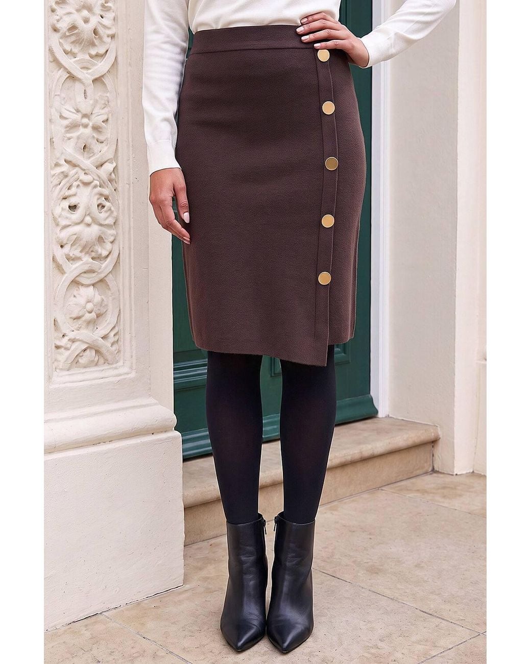 Roman Brown Button Front Wrap Skirt