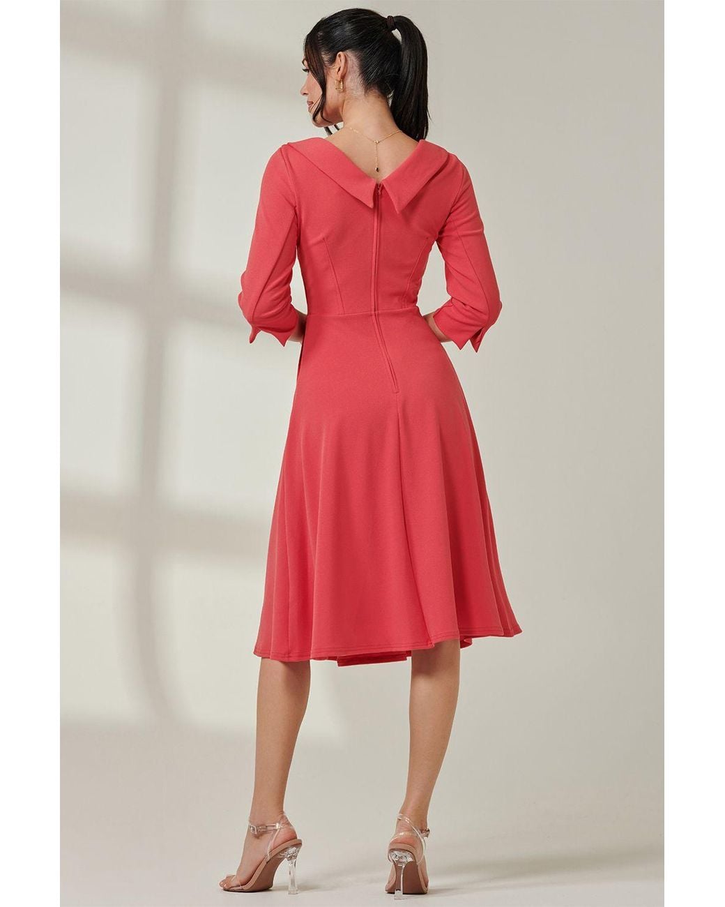 Jolie Moi Red Fold Neckline Sleeved Midi Dress