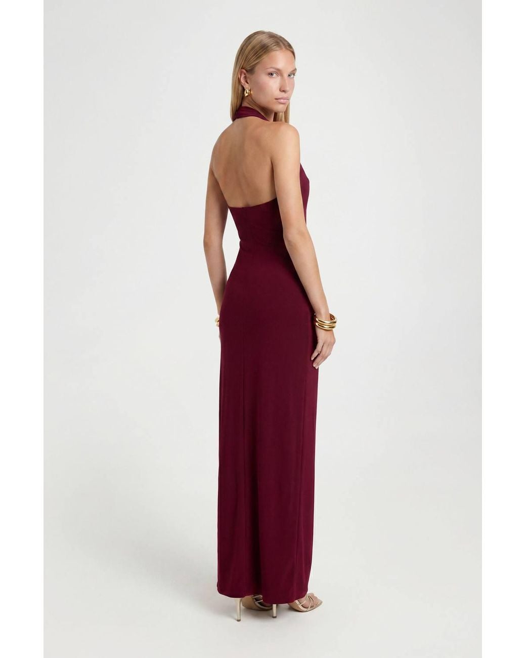 Roselle Red Cowl Neck Halterneck Slinky Backless Maxi Dress