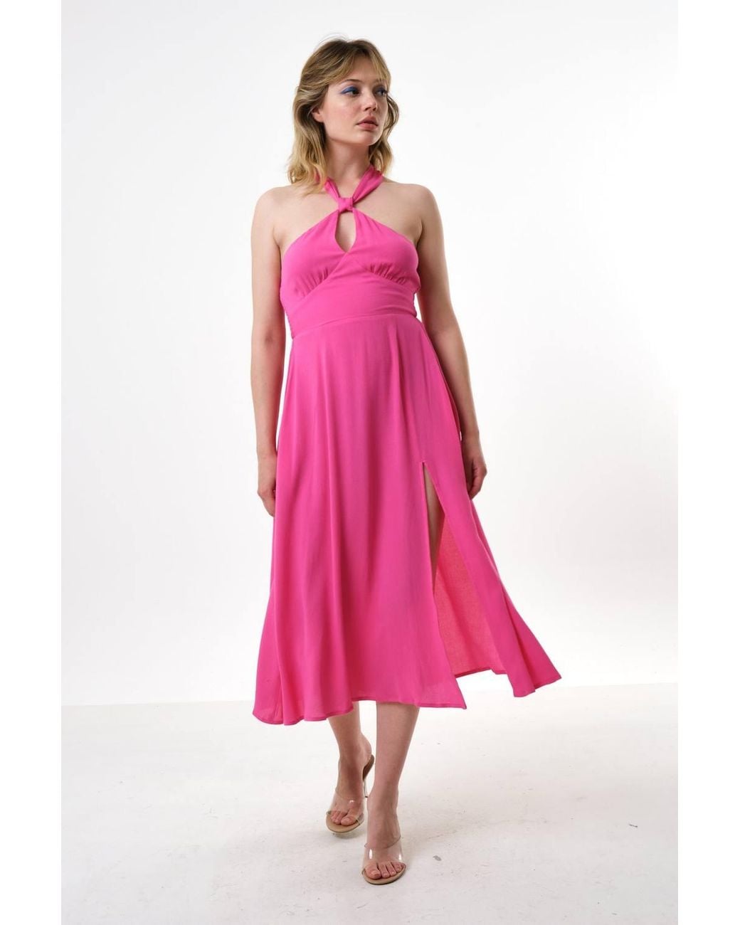 Louche Pink Geri Moss Crepe Halter Neck Midi Dress