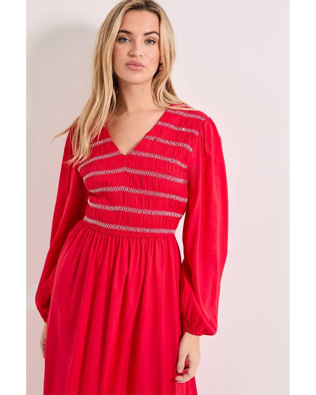 Dorothy Perkins Contrast Stitching Shirred Bodice V Neck Midi Dress