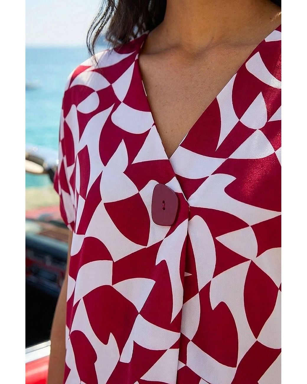 Roman Red Abstract Print V-Neck Stretch Top