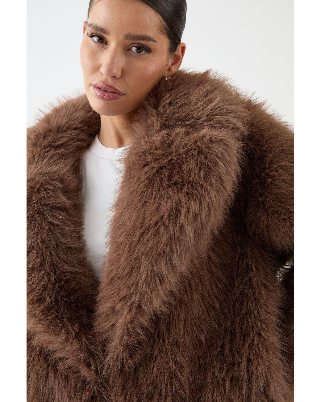 MissPap Brown Long Faux Fur Wide Collar Coat