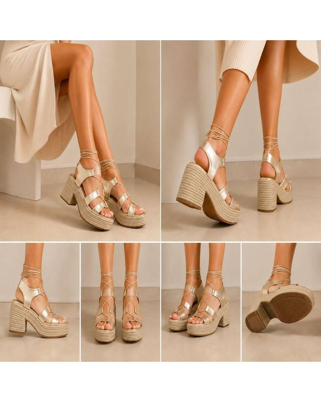 LARANGE Natural Wide Fit Metallic Lace-Up Platform Block Heel Sandals