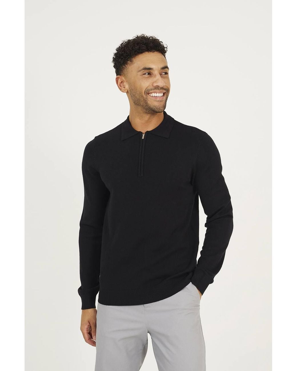 Brave Soul Black Long Sleeve Knitted Polo for men