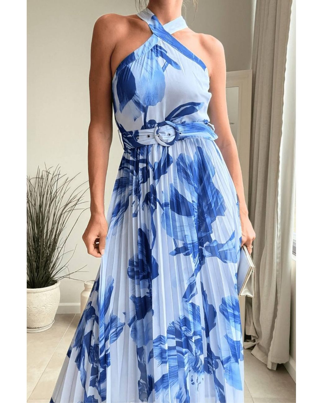 Style Cheat Blue Paige Halter Pleated Belted Dress Floral