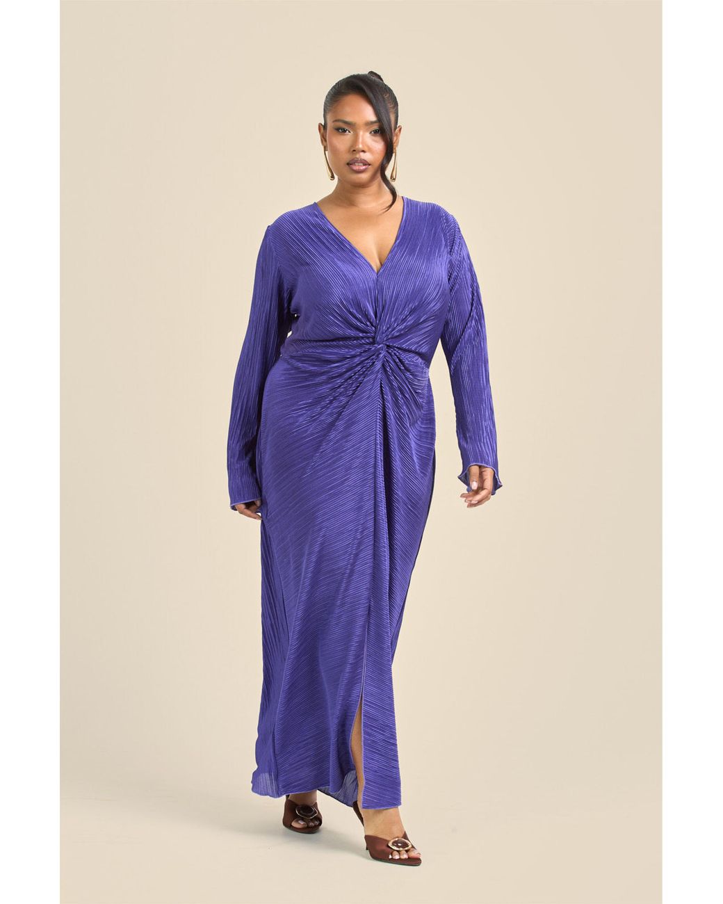 FASHION-SZN Blue Curve Twist Front Flare Sleeve Plisse Midaxi Dress
