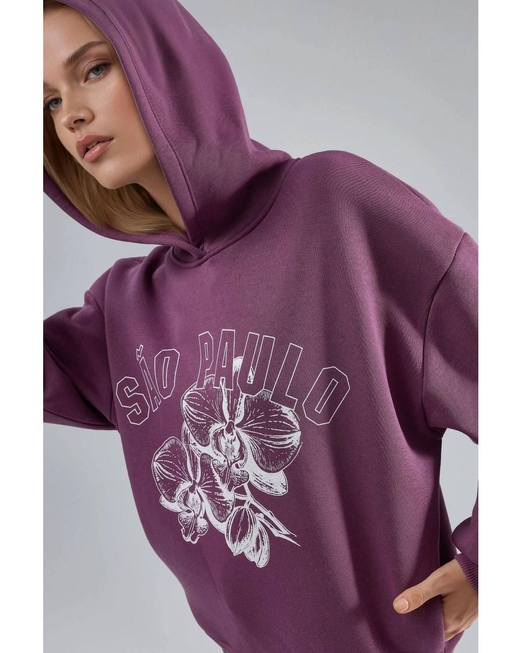 Busem Purple Oversized Printed Hooded Sweatshirt