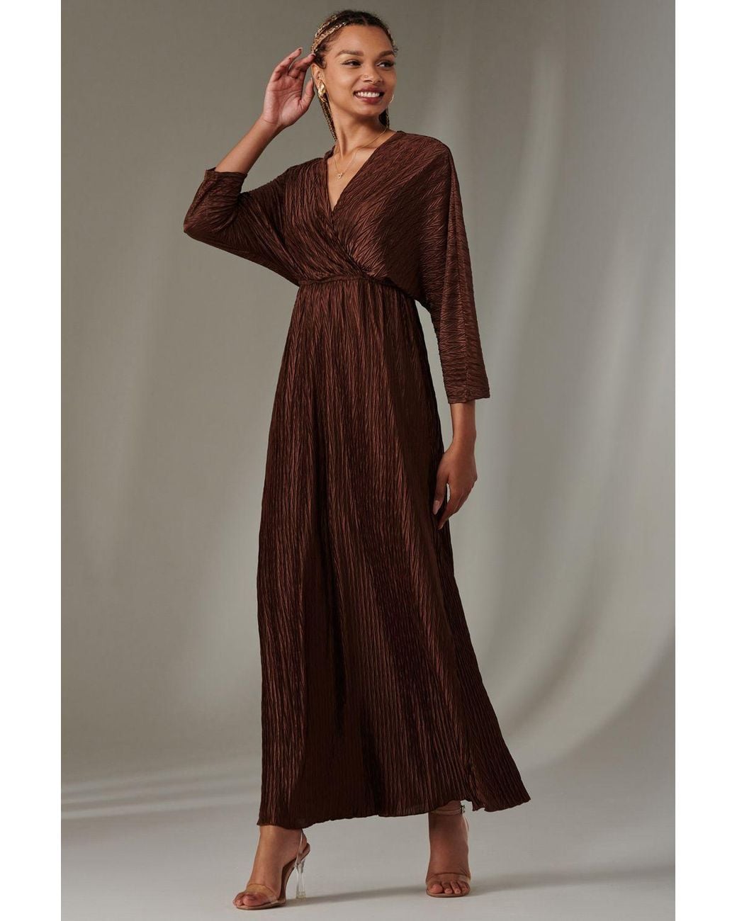 Jolie Moi Brown Ruffle Hem Chiffon Midi Dress