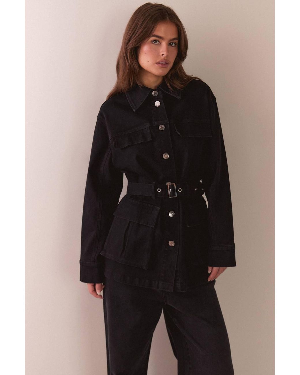 Warehouse Black Pocket Detail Belted Denim Jacket