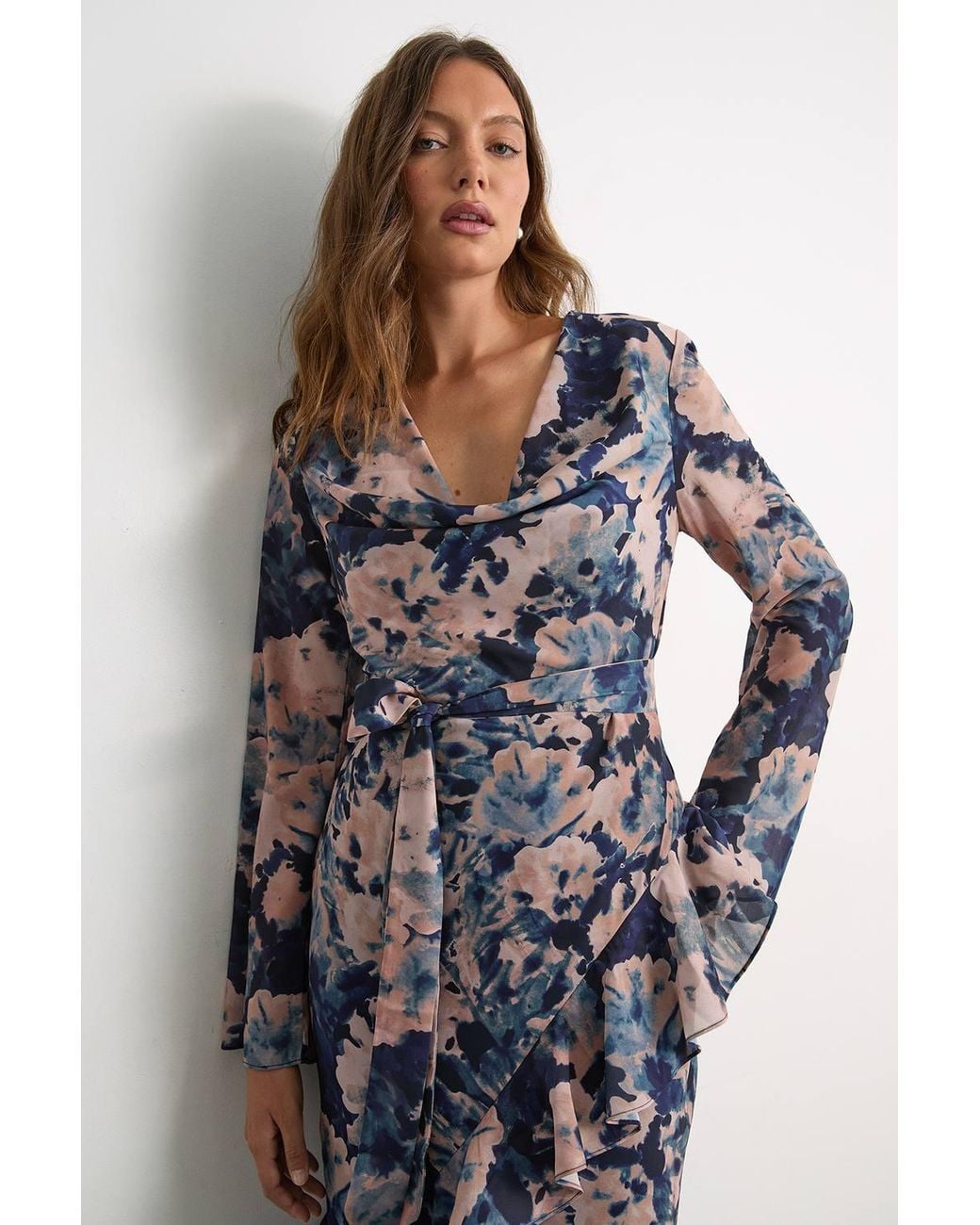 Warehouse Multicolor Long Sleeve Cowl Neck Floral Print Ruffle Detail Maxi Dress