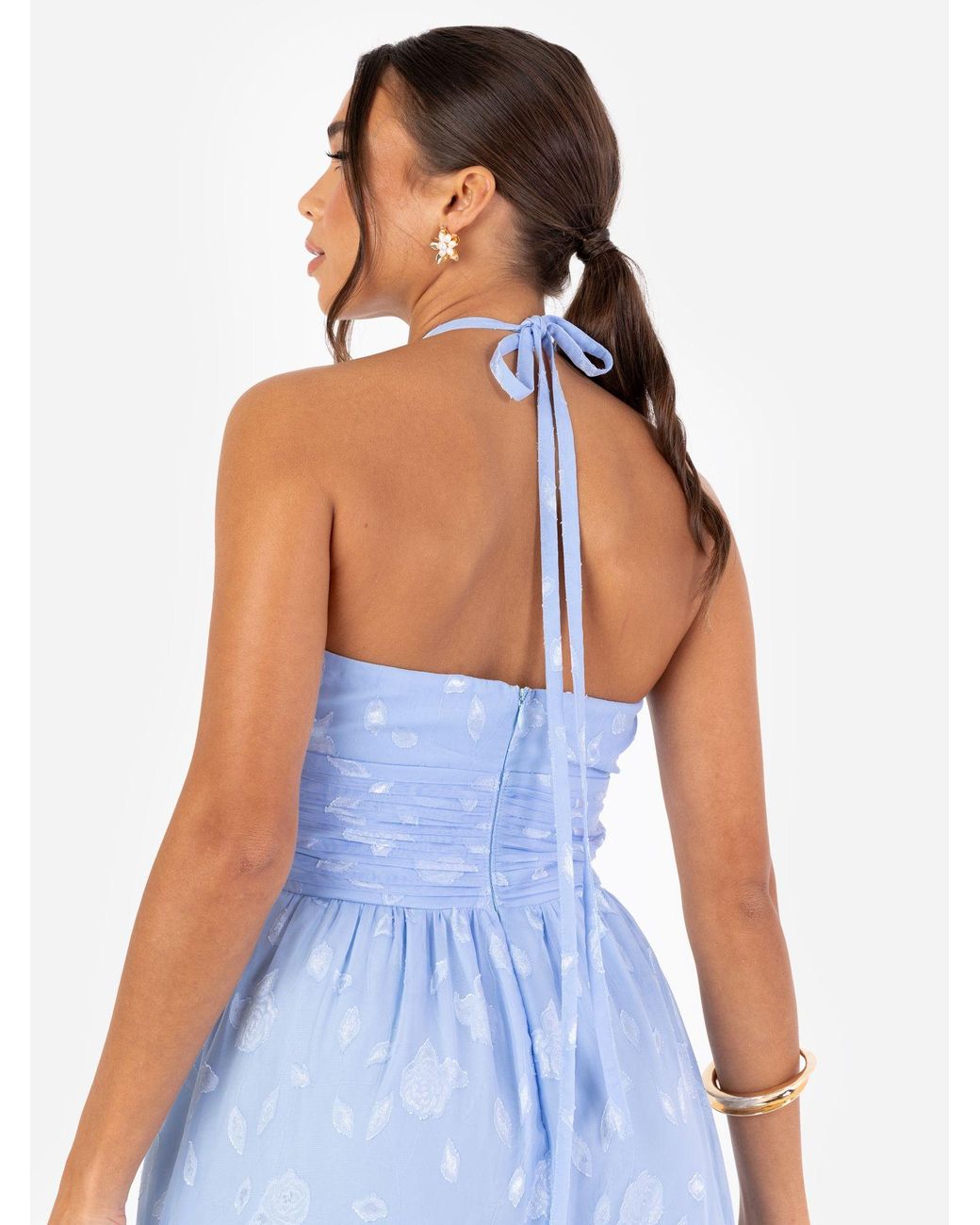 Maya Deluxe Blue Floral Self-Tie Halter Neck Maxi Dress
