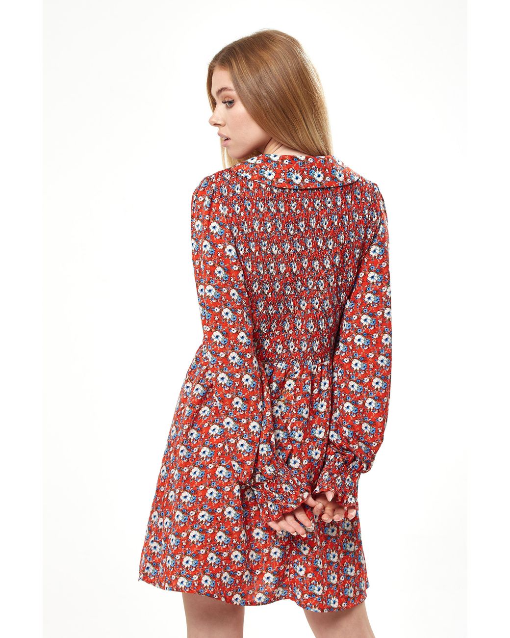 Liquorish Red Floral Print Smock Mini Dress With Peter Pan Collar