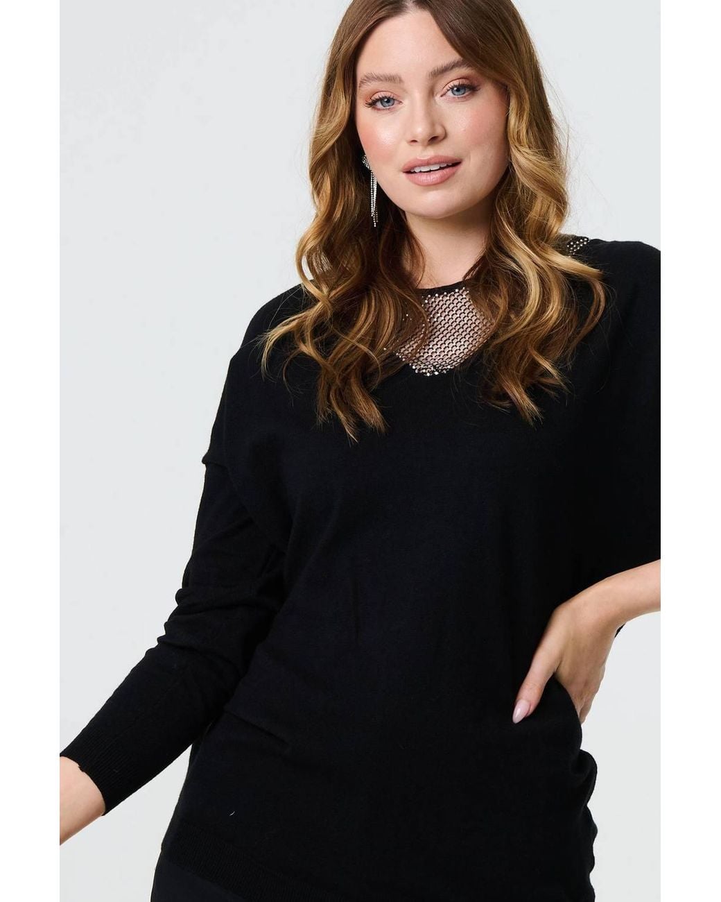 Izabel London Black Sequin Mesh V-Neck Knitted Top