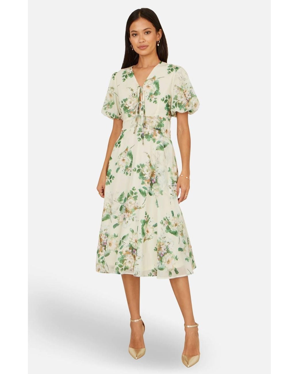 Yumi' White Ivory Floral Tea Dress With Front Ties