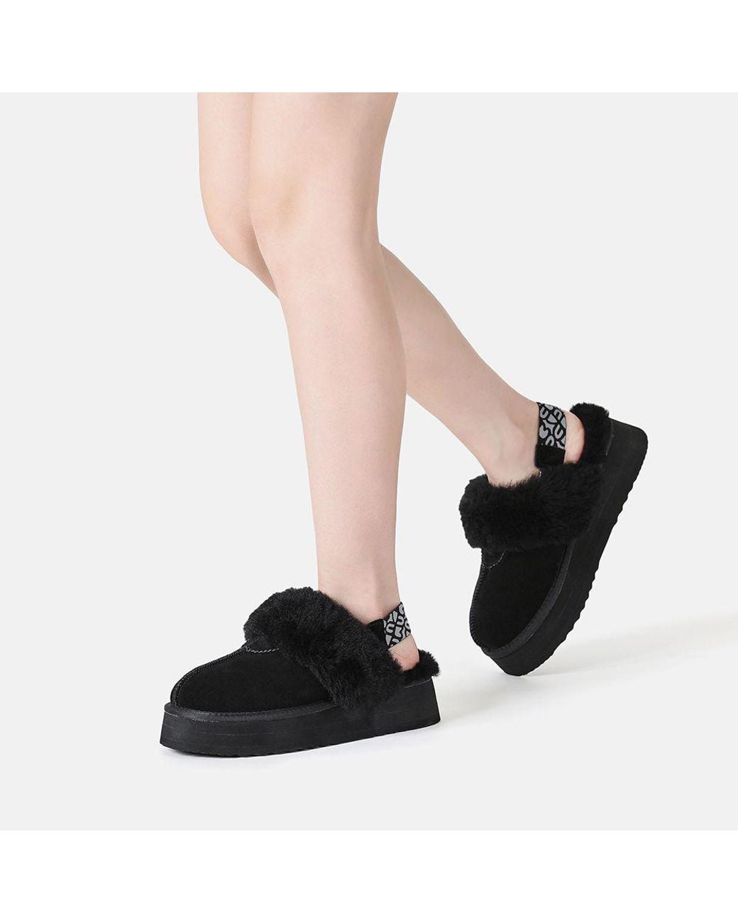 EverAu Australia Black Real Sheepskin Wagtail Removable Strap Platform Slippers With Eva Sole