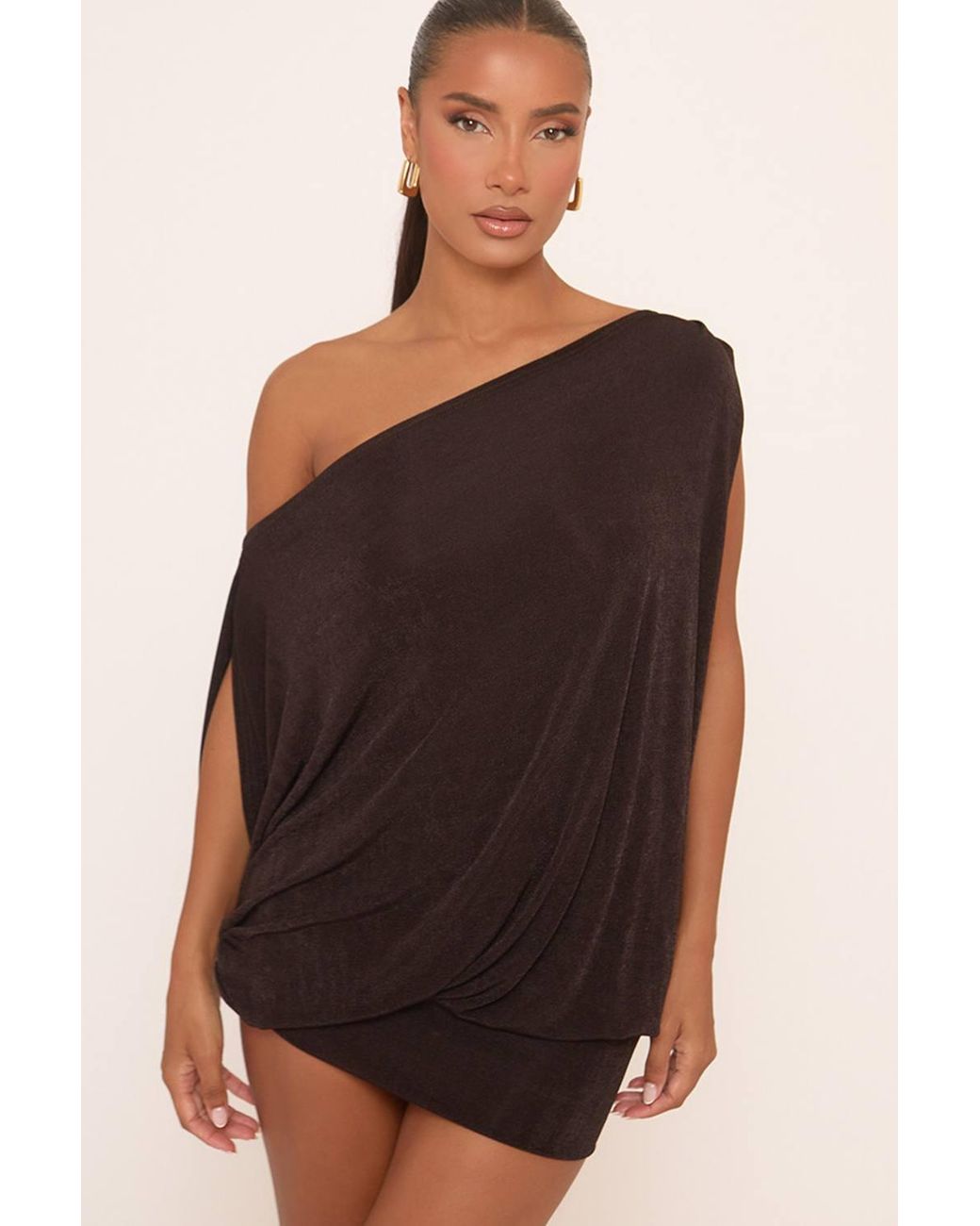 EGO Brown Short Sleeve Drape Mini Dress
