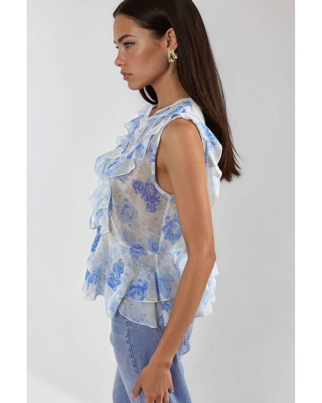Hiccup Blue Floral V-Neck Chiffon Blouse With Tie Closure