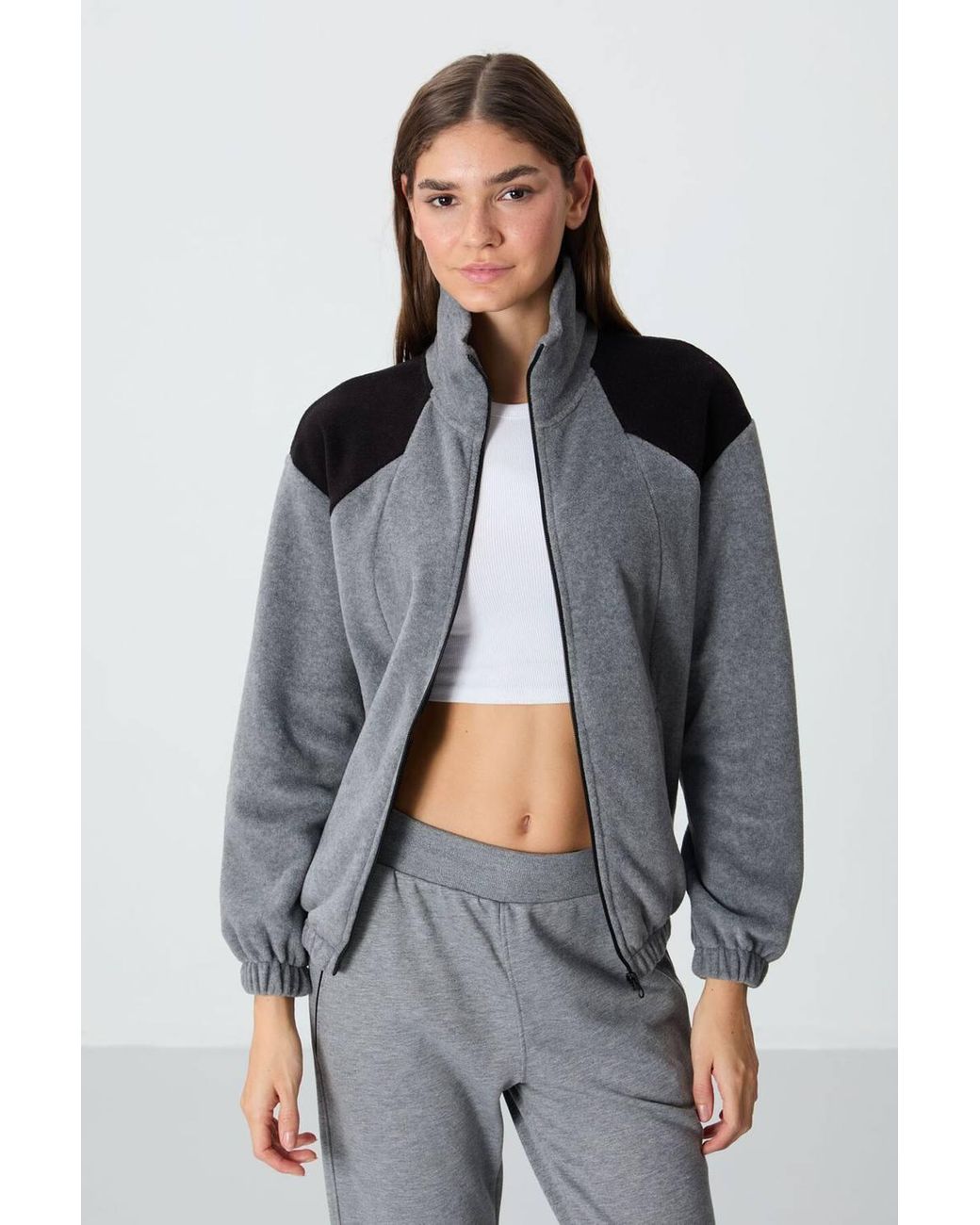 TOMMY LIFE Gray Color Block Oversized Zip-Collar Sweatshirt