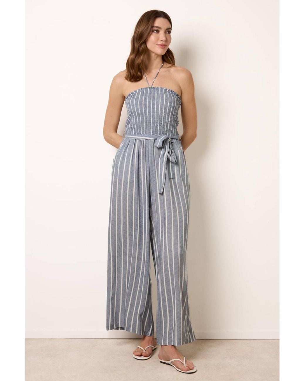 Blue Vanilla Gray Shirred Waist Sleeveless Belted Bardot Jumpsuit