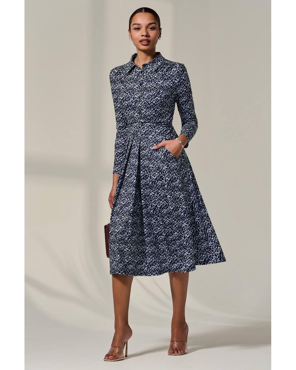 Jolie Moi Blue Long Sleeve Button Up Midi Dress