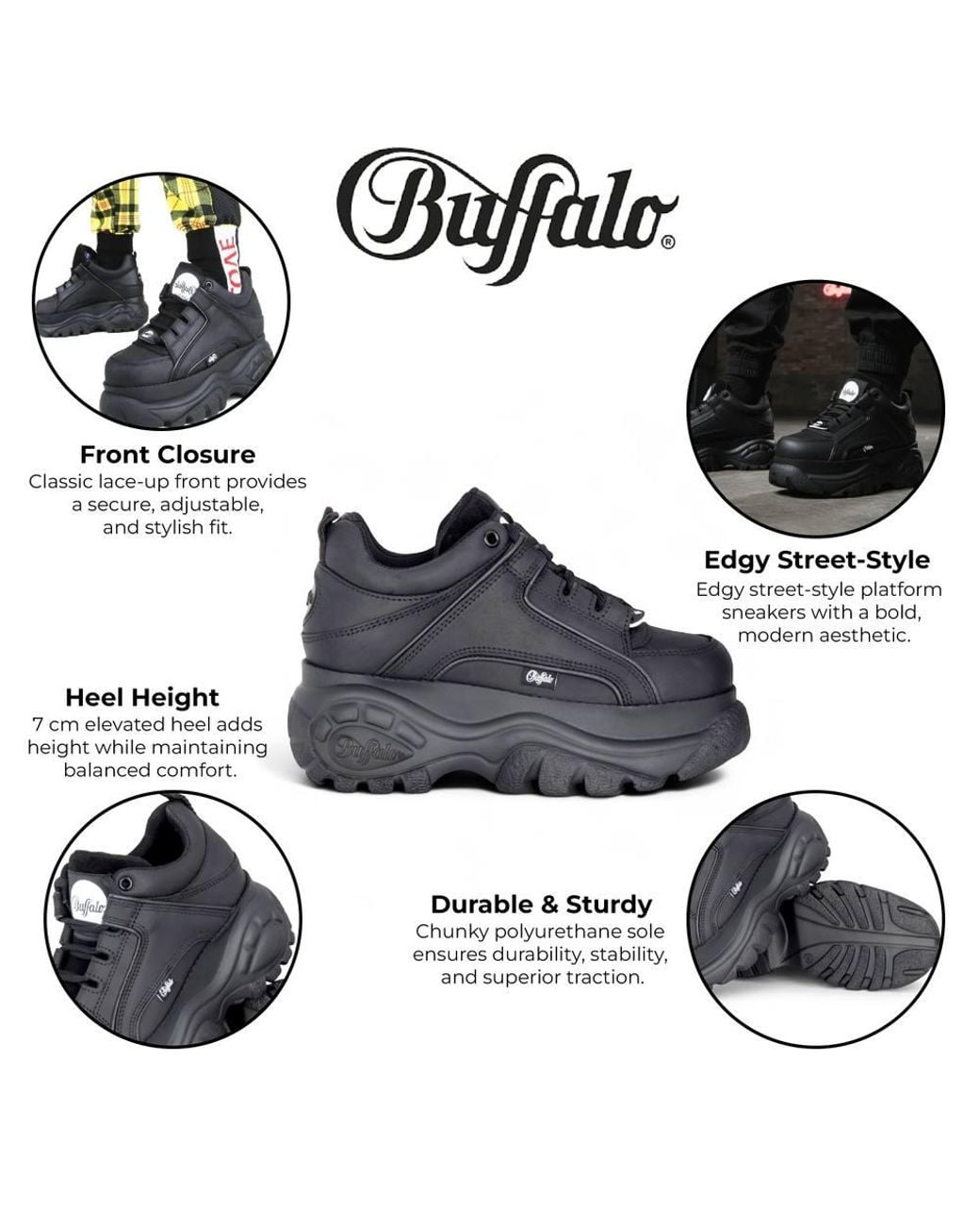 Infinity Leather Black Buffalo Leather Chunky Platform Fashion Trainers