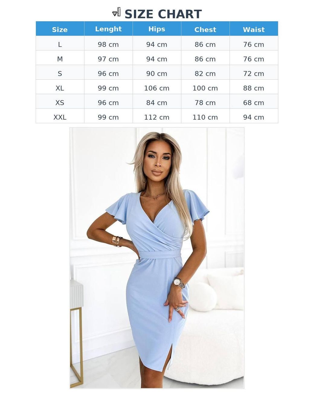 KDMD Blue Wrap Cocktail Dress With Belt Slit