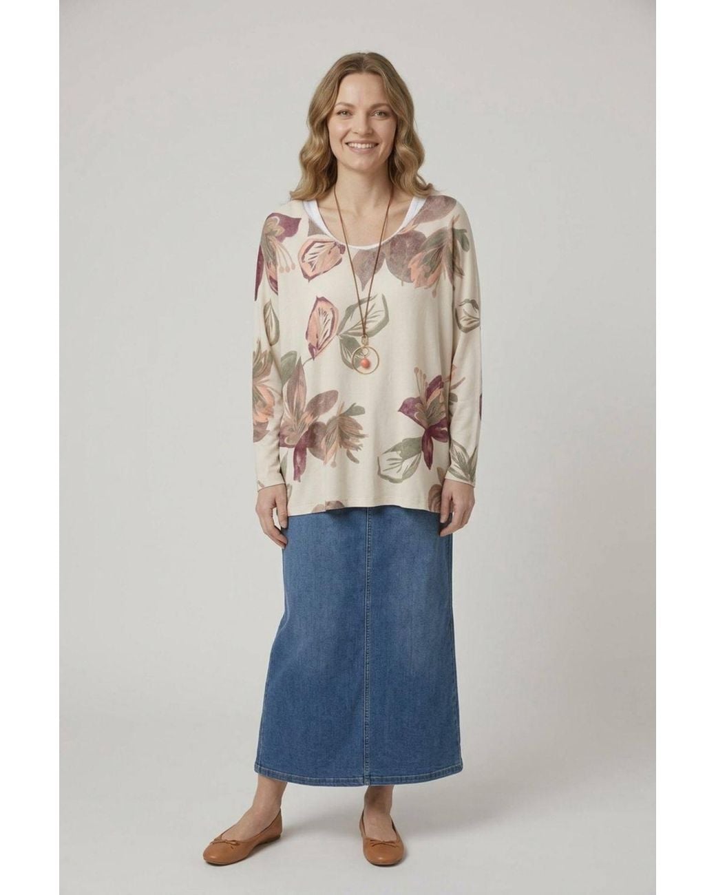 Izabel London Blue Leaf Print Layered Long Sleeve Top