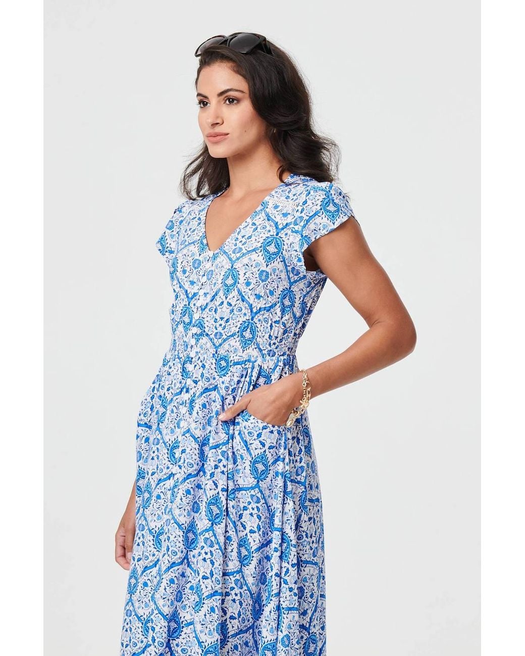 Izabel London Blue Mosaic Print Cap Sleeve Maxi Dress