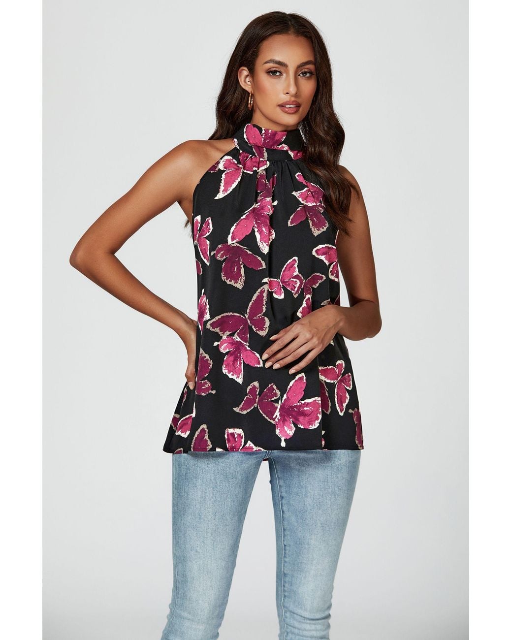FS Collection Blue Butterfly Print Halter Neck Tie Back Top