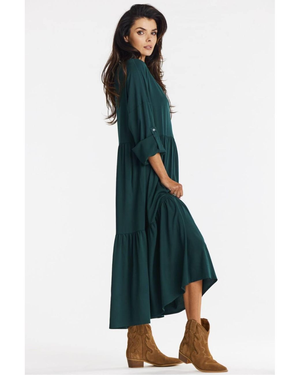 Love Lace Green Viscose V-Neck Long Sleeve Maxi Dress