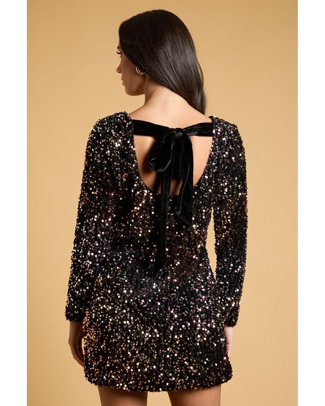 Oasis Black Petite Ombre Sequin Bow Mini Dress