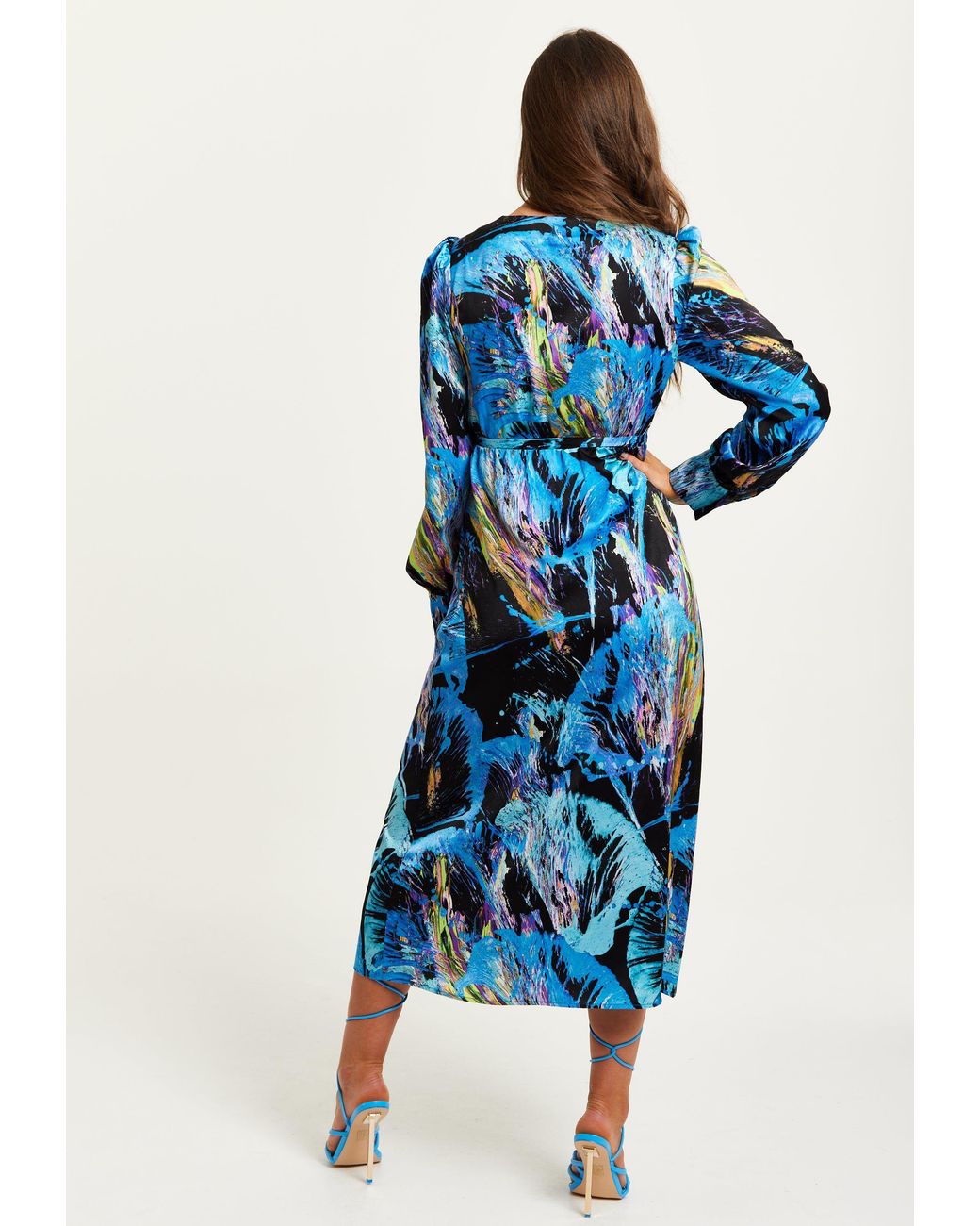 Liquorish Blue Multicolour Abstract Print Midi Wrap Dress With Long Sleeves