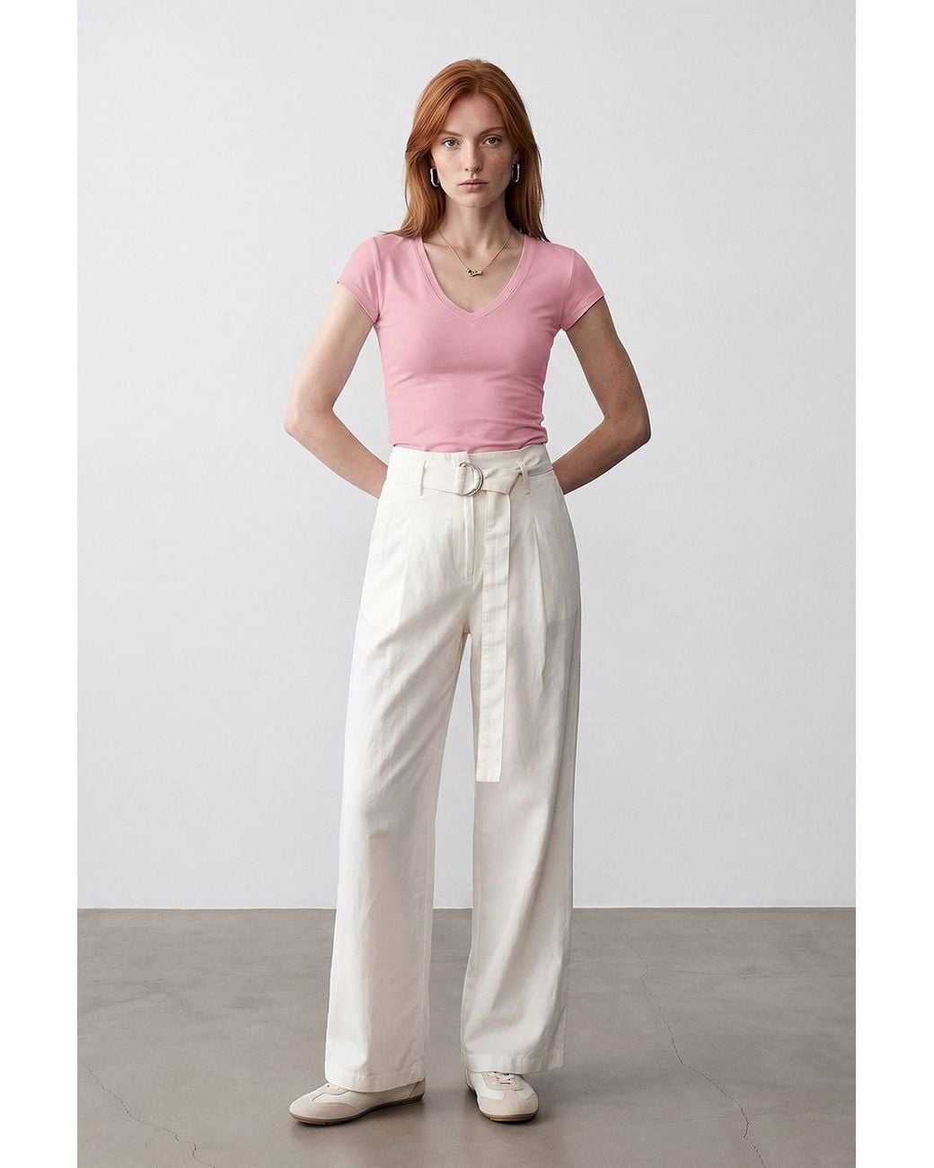 Dilvin Pink Slim Fit V-Neck Jersey Blouse
