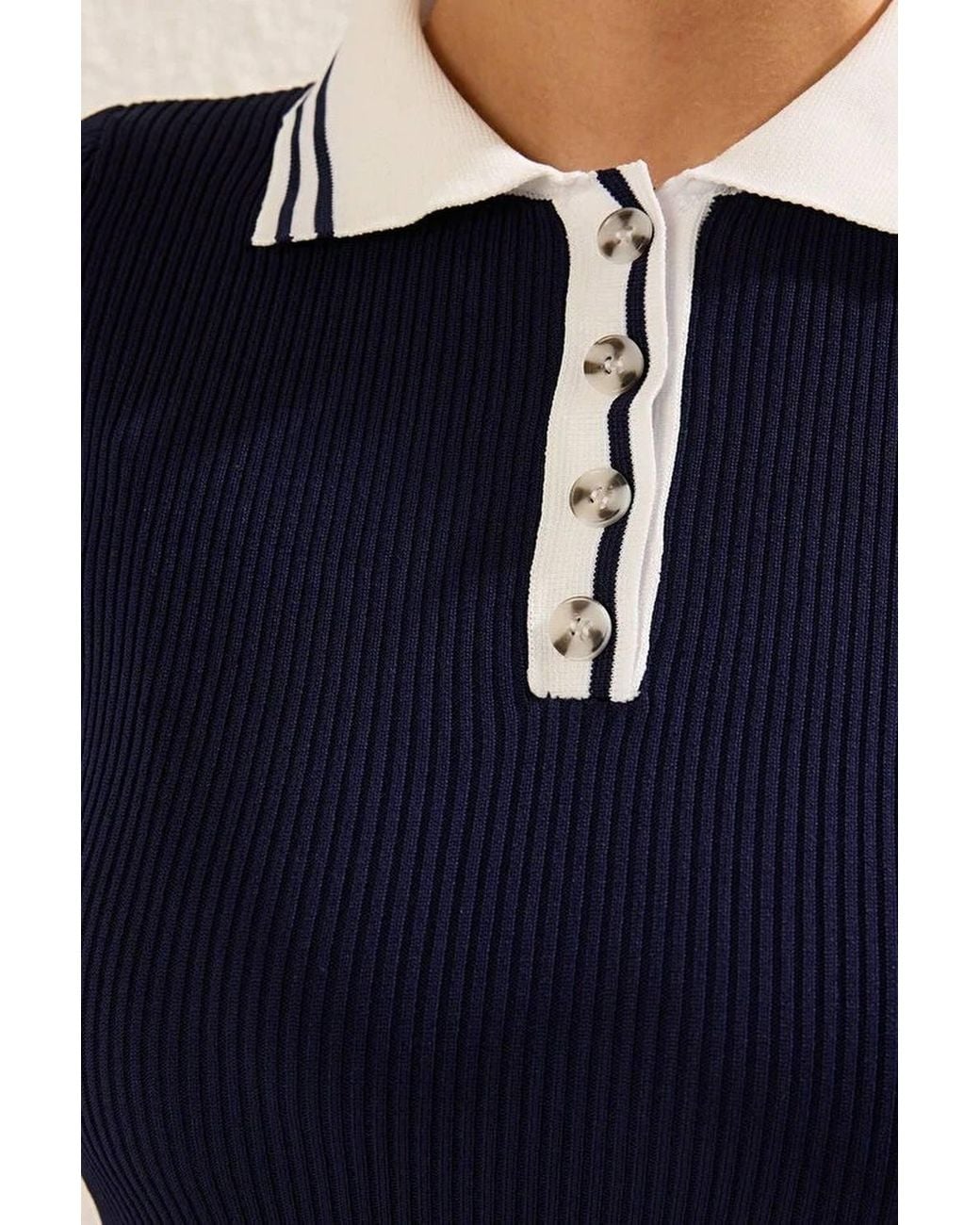 WOVCOR Blue Ribbed Collared Pleated Mini Knit Dress