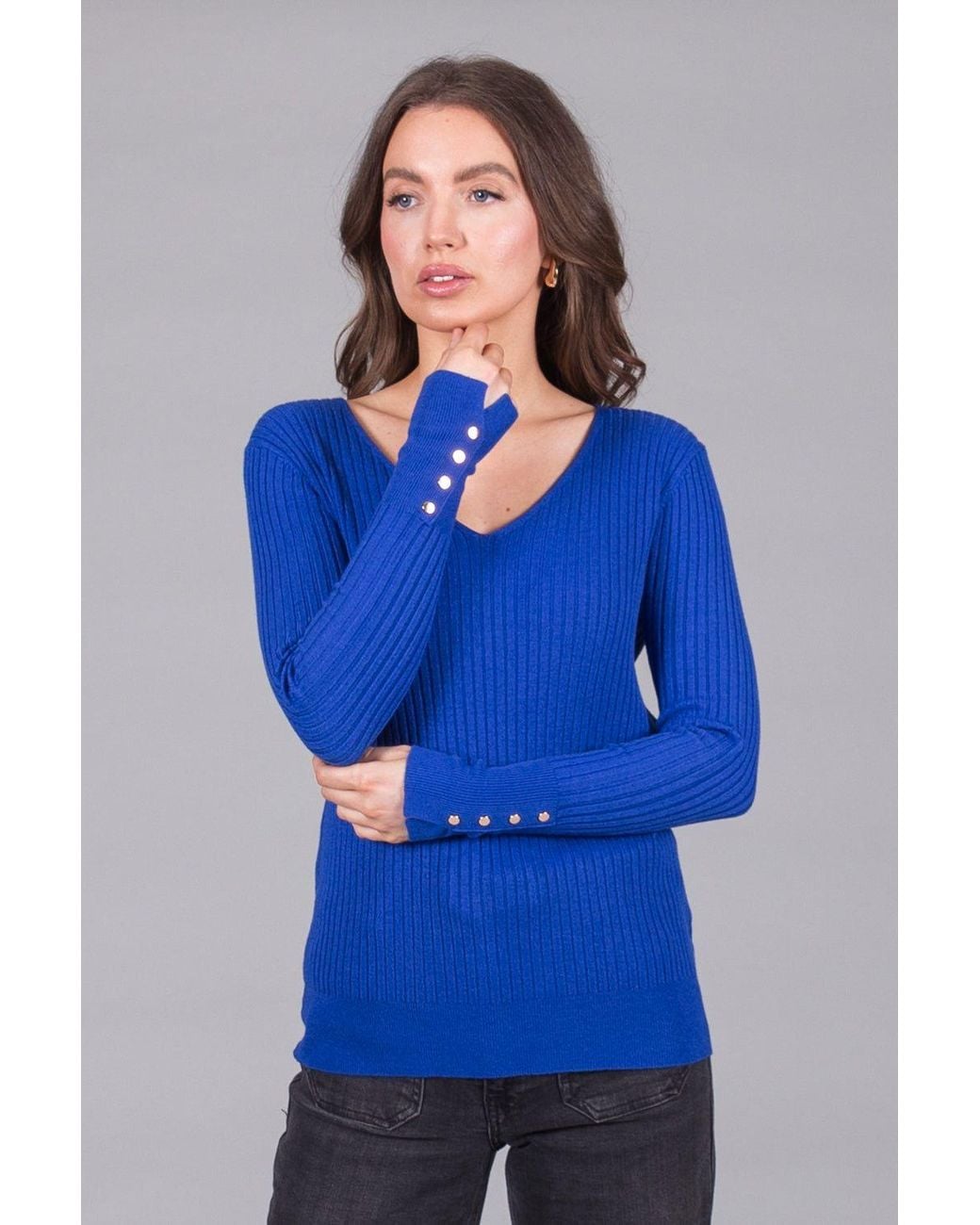 Solo Blue Ribbed V-Neck Jumper With Button Cuffs