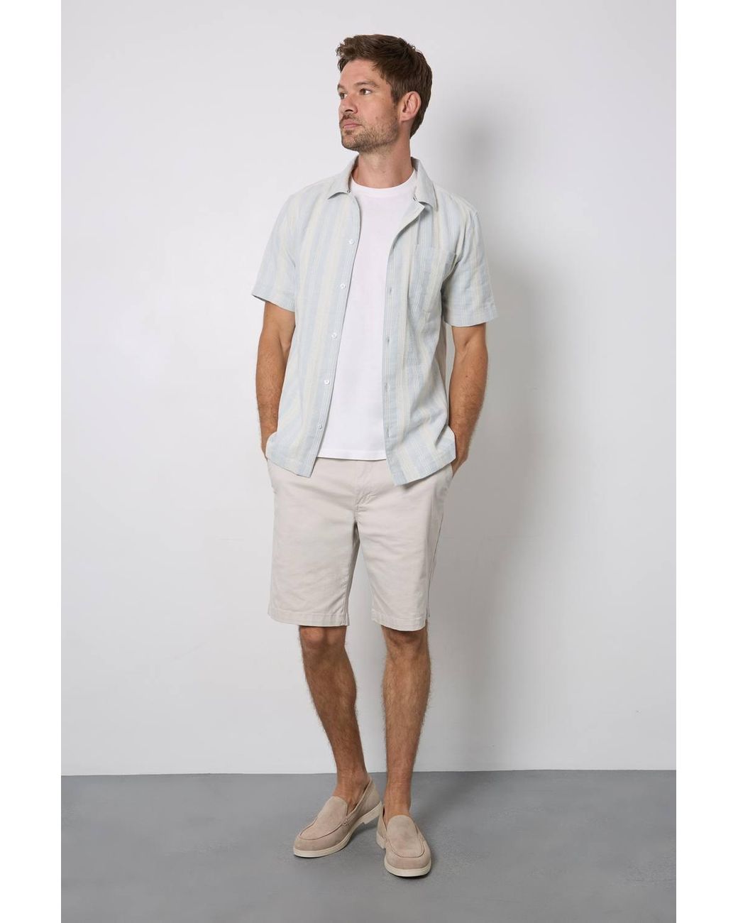 MAINE White Textured Stripes Revere Short Sleeve Shirt for men