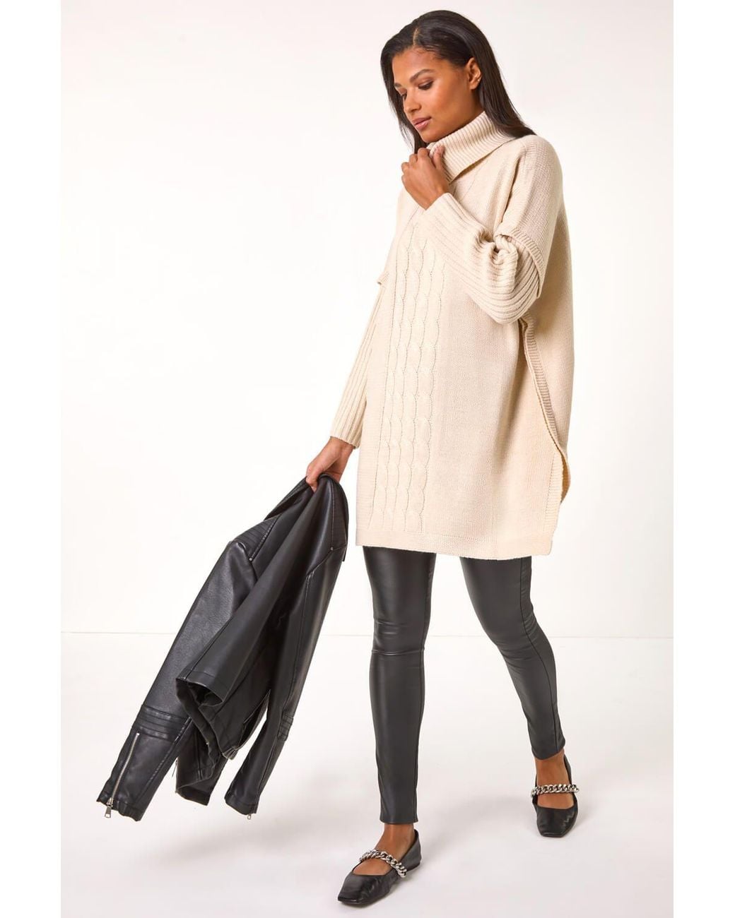 Roman Natural Cable Knit Roll Neck Poncho Jumper