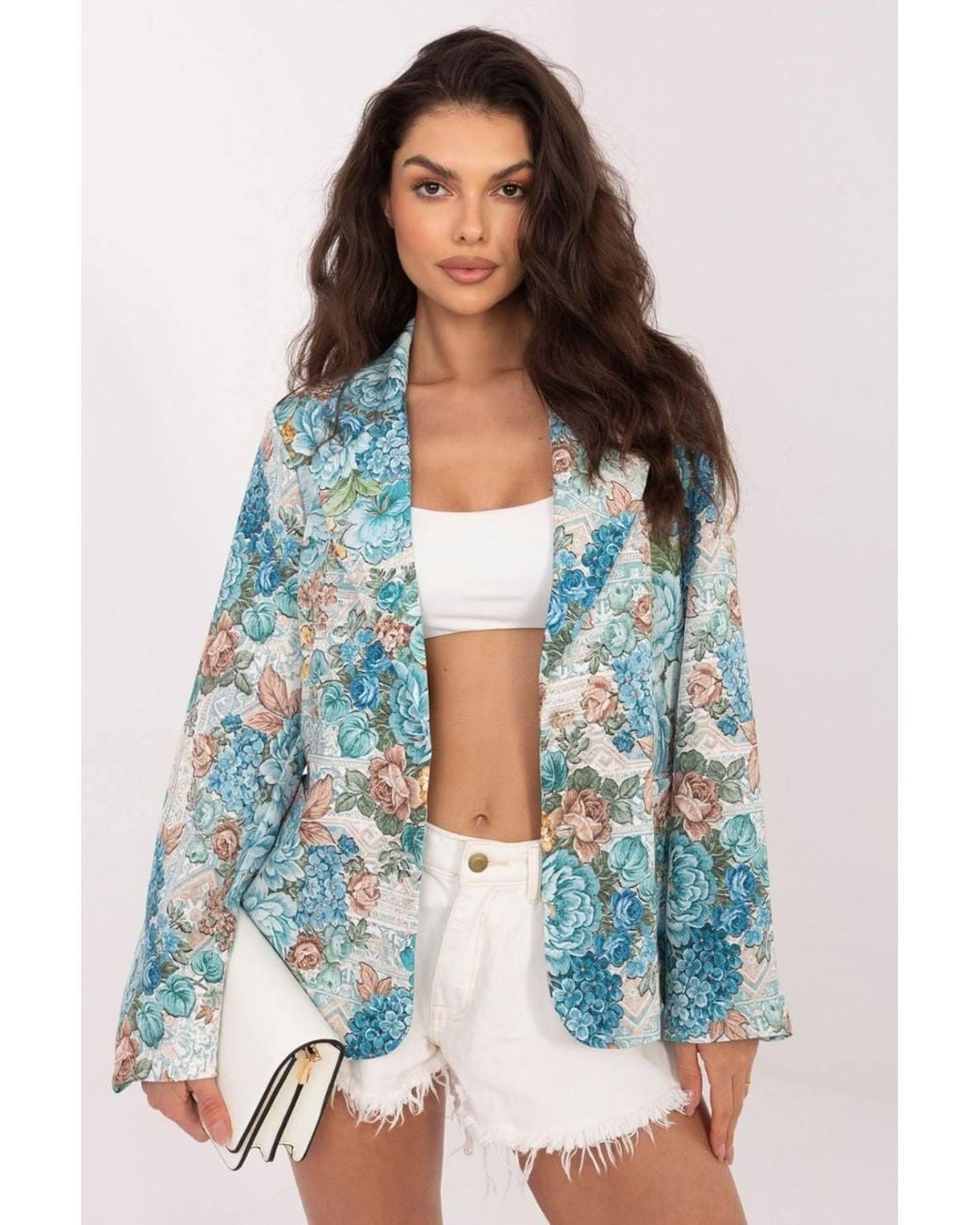 Love Lace Blue Stretch Office Floral Blazer With Buttons