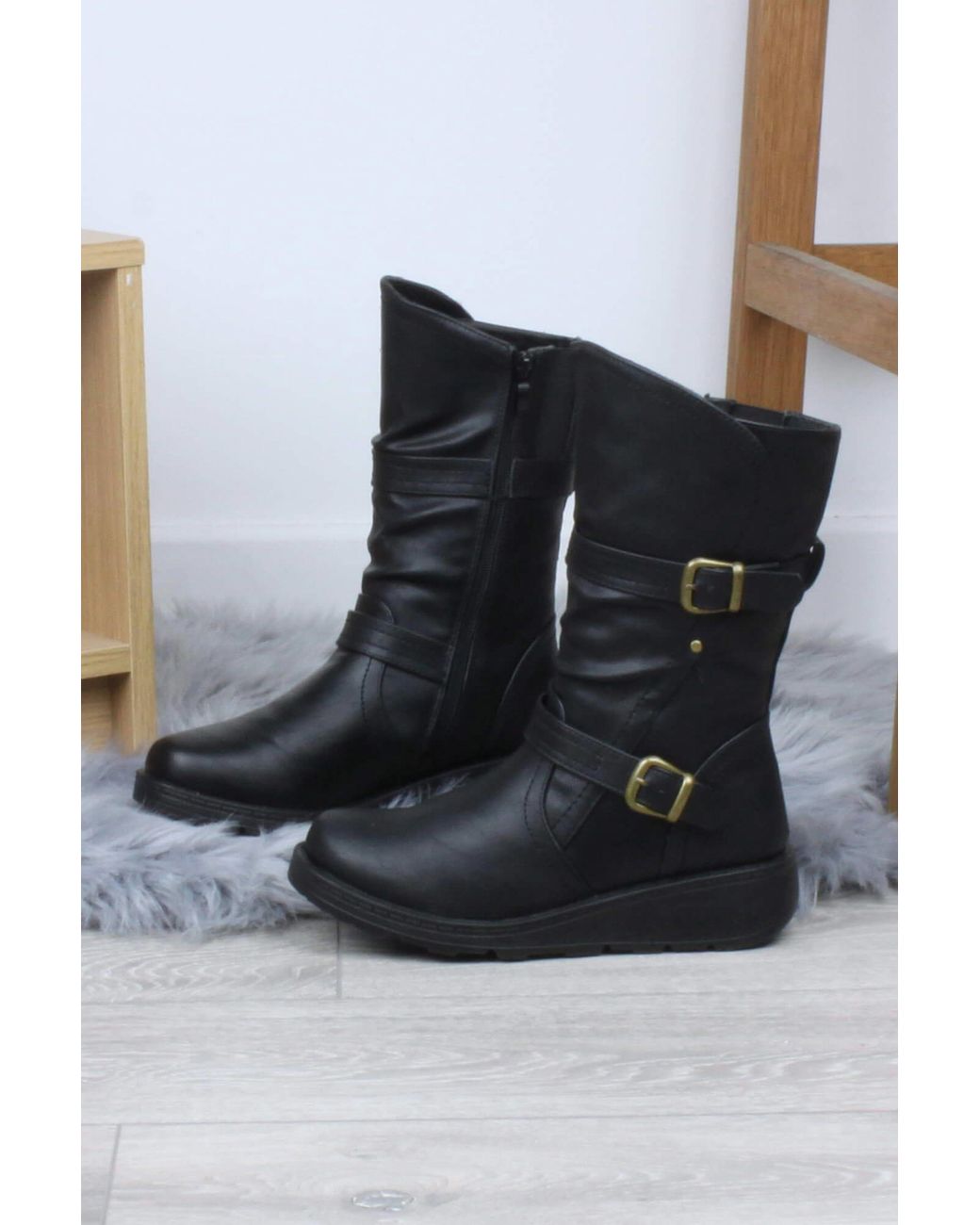 AJVANI Black Low Wedge Heel Comfort Calf Biker Boots