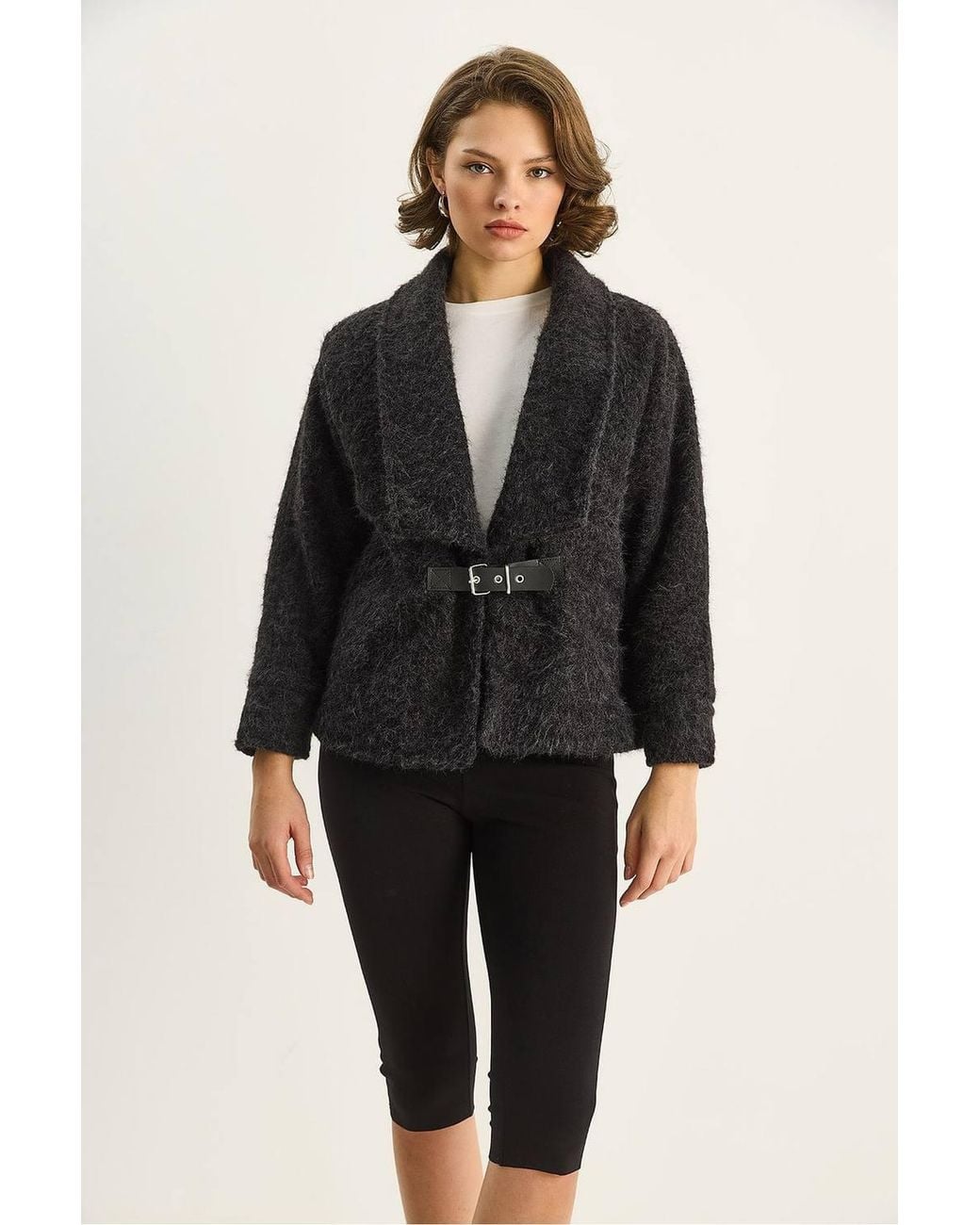 Bianco Lucci Black Coat With Belt Detail