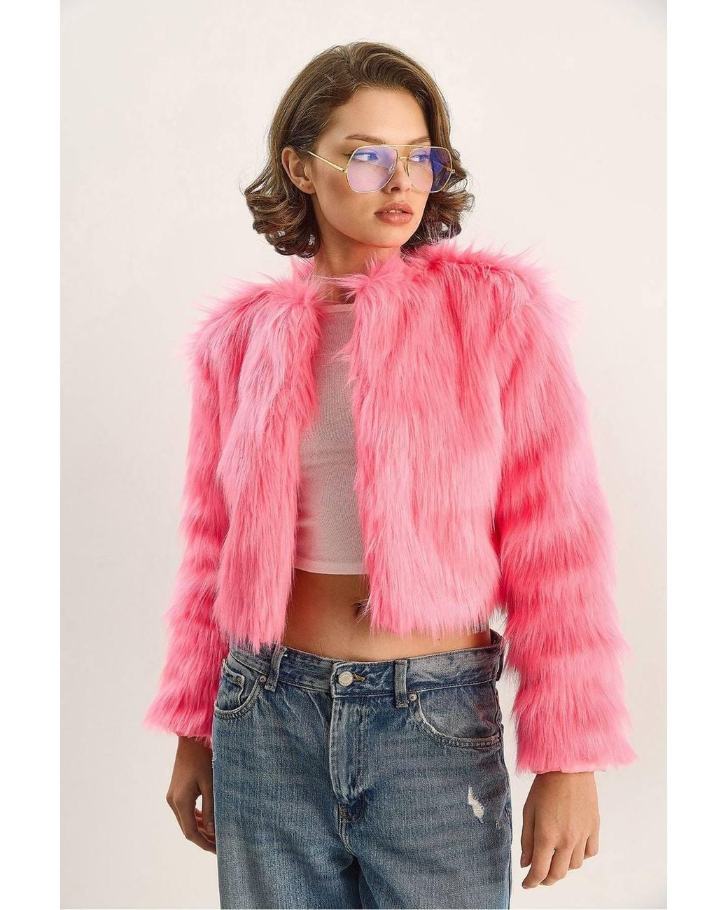 Bianco Lucci Red Boxy Crop Faux Fur Coat