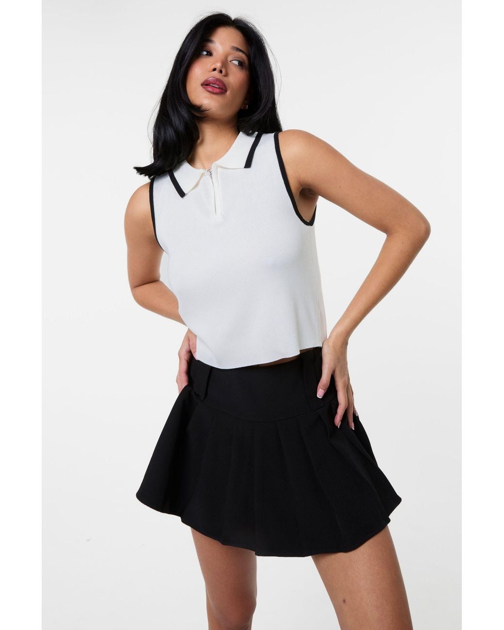 Pink Vanilla White Half Zip Crop Polo Top With Contrast Piping