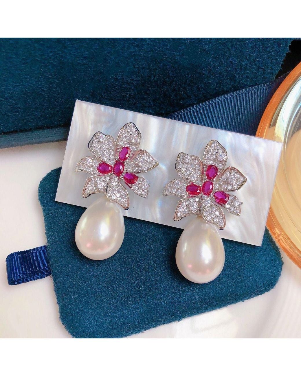 Peach Accessories Blue Pearl Drop Earrings With Sparkling Accents