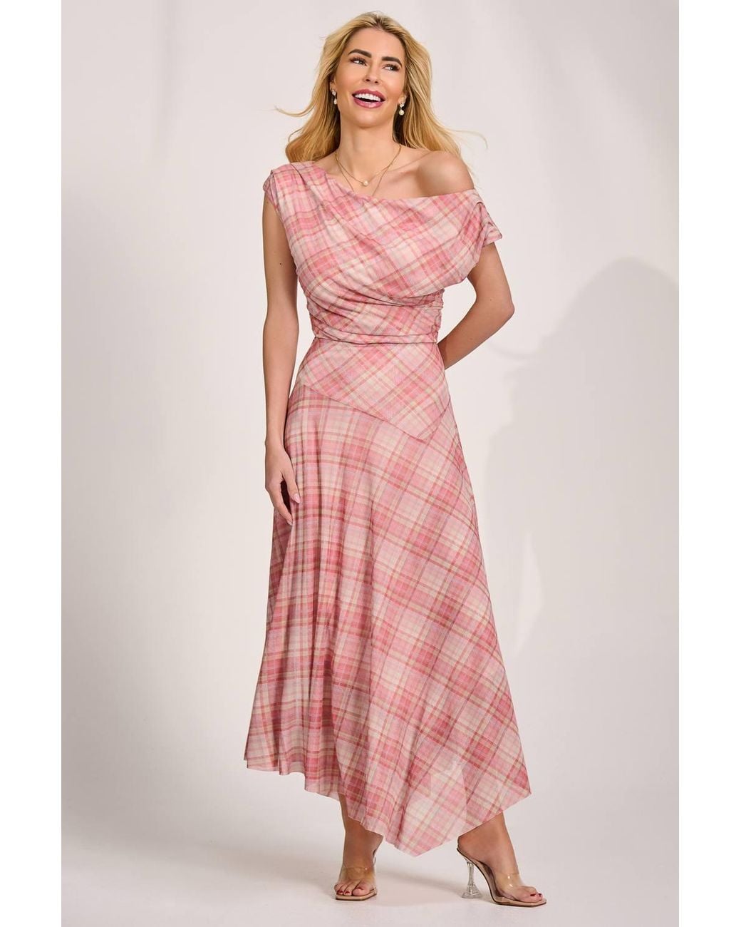 Jolie Moi Pink Asymmetric Draped Mesh Maxi Dress