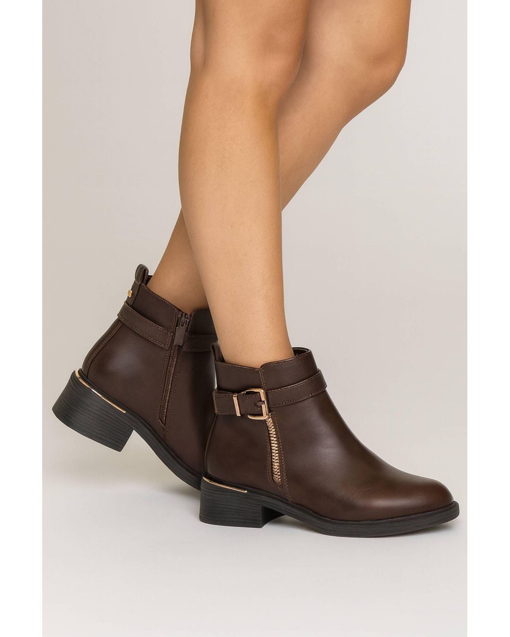 AJVANI Brown Low Heel Zip Chunky Sole Buckle Ankle Boots