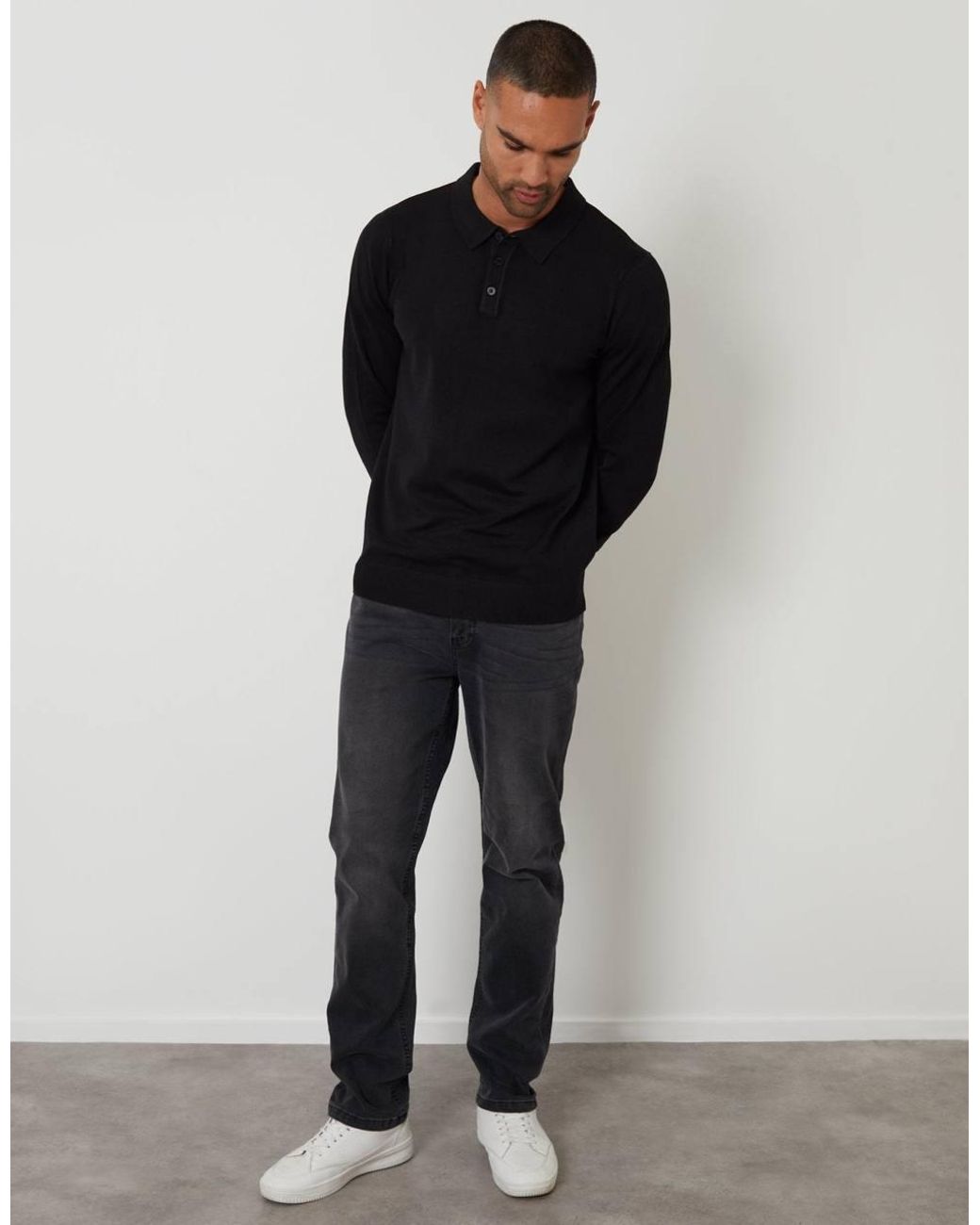 Threadbare Black Knitted Long Sleeve Polo Jumper for men