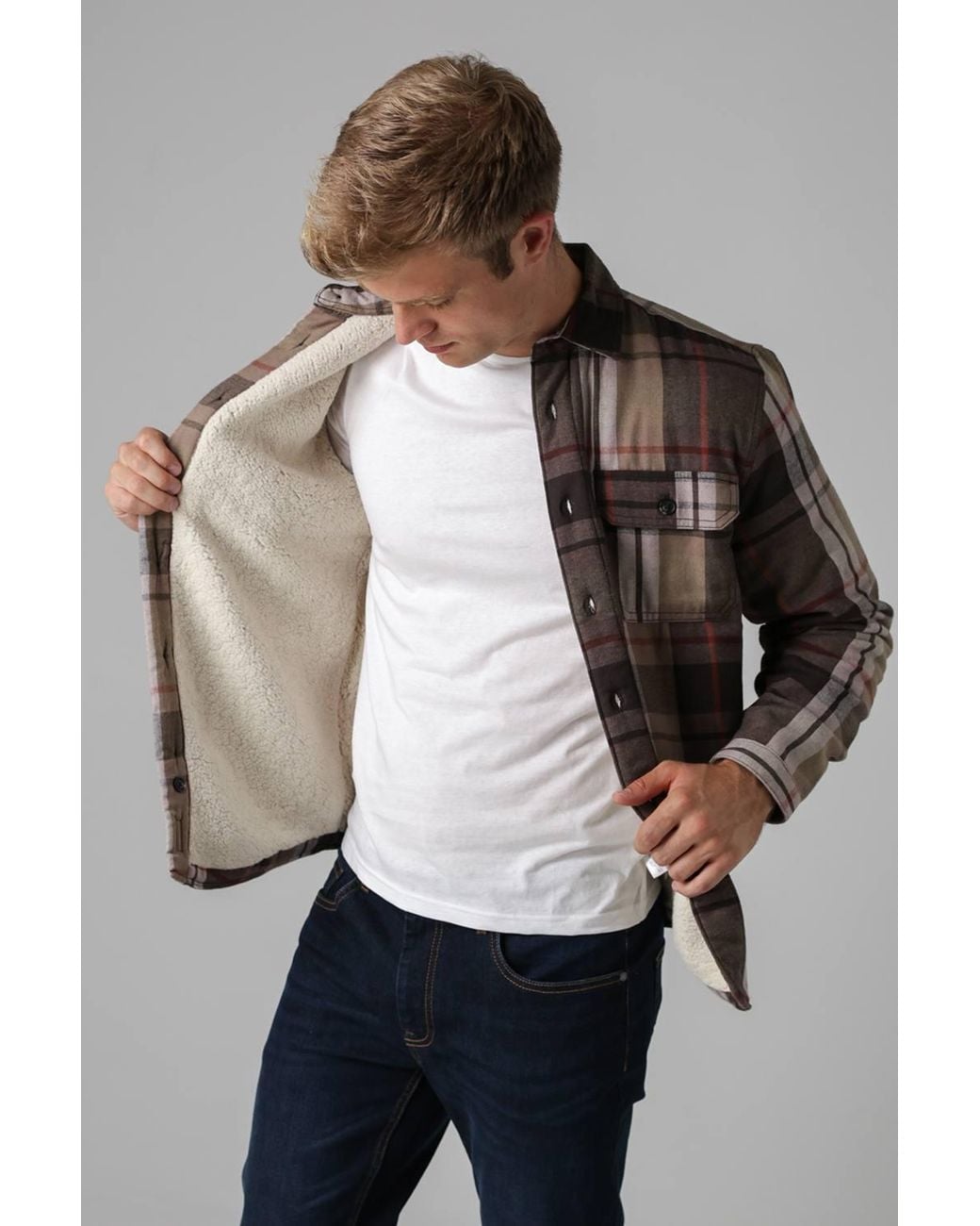 Tokyo Laundry Gray Checked Padded Shirt With Sherpa Lining for men
