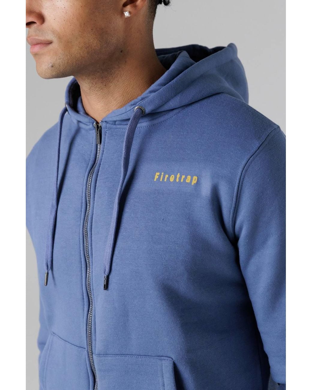 Firetrap Blue Regular Fit Cotton Rich Zip Through Hoody With Drawstring for men
